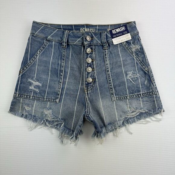 Rewash Juniors 3 Shorts Distressed Striped Denim Super High Rise - Picture 1 of 7